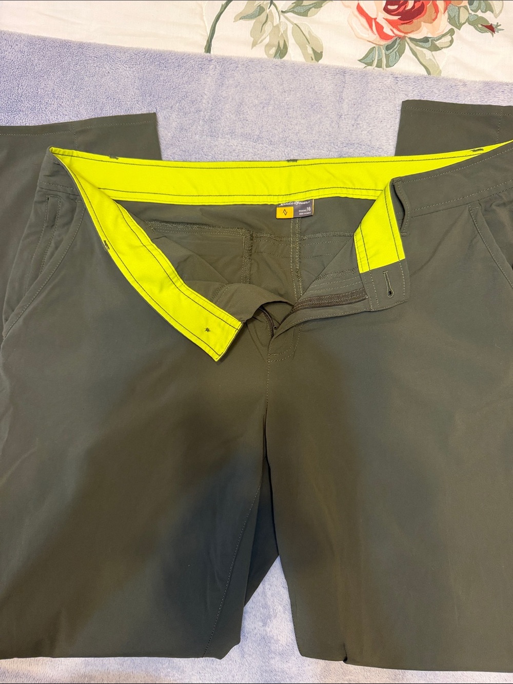 Eddie Bauer Women’s Olive Green Performance Pants with Neon Lime Waistband